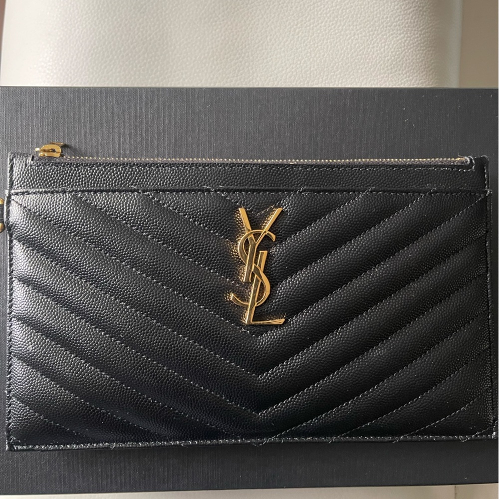 YSL Monogram Large Bill Pouch in Grained Leather, black with gold hardware